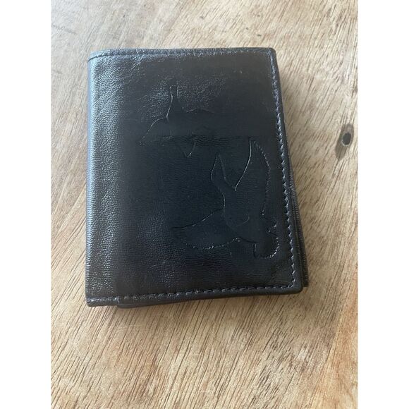 Vintage Black Leather Trifold Wallet with Flying Ducks Embossing Bag Bazaar - Picture 1 of 7